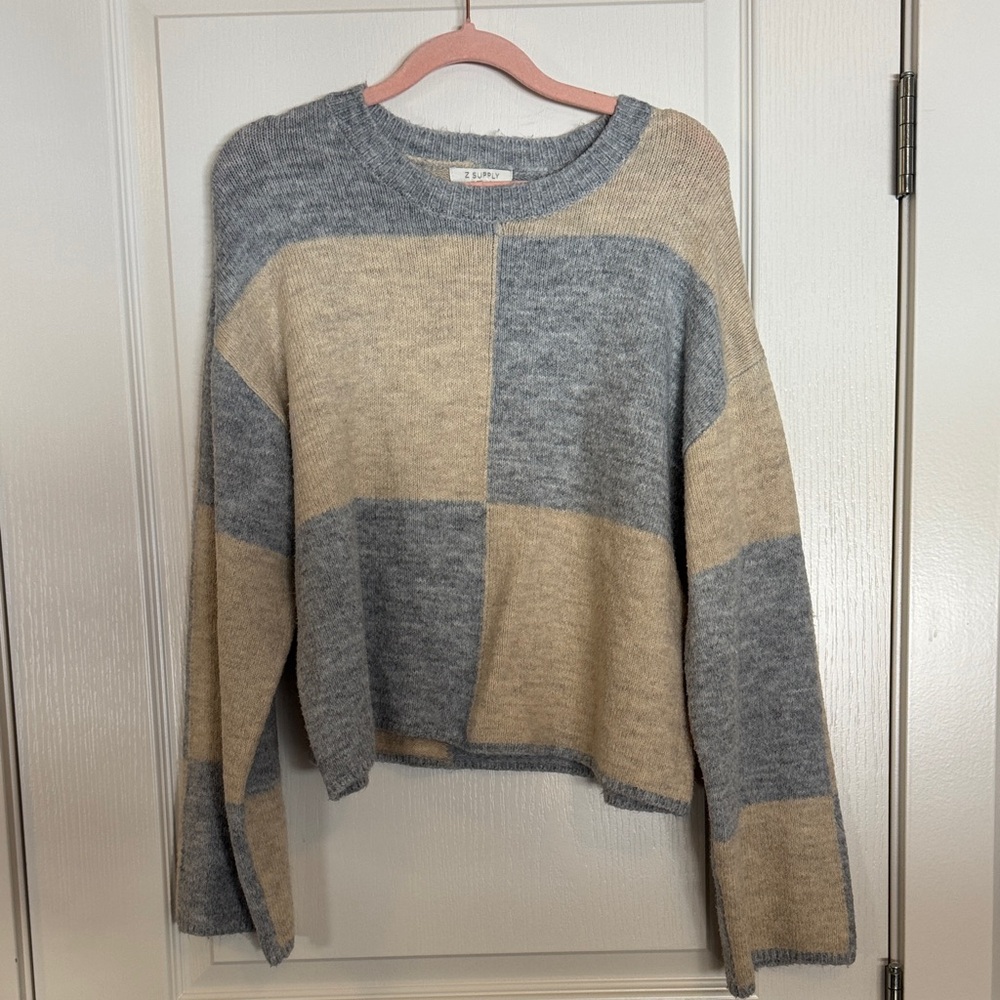 Z Supply Gray and Beige Block Crewneck Sweater